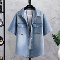Summer 2025 Men Clothing Denim Short Sleeve Shirt Men's Retro Thin Light Blue Casual Top Student Half Sleeve Shirt with Pocket