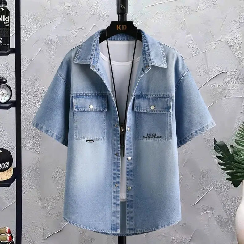 Summer 2025 Men Clothing Denim Short Sleeve Shirt Men's Retro Thin Light Blue Casual Top Student Half Sleeve Shirt with Pocket