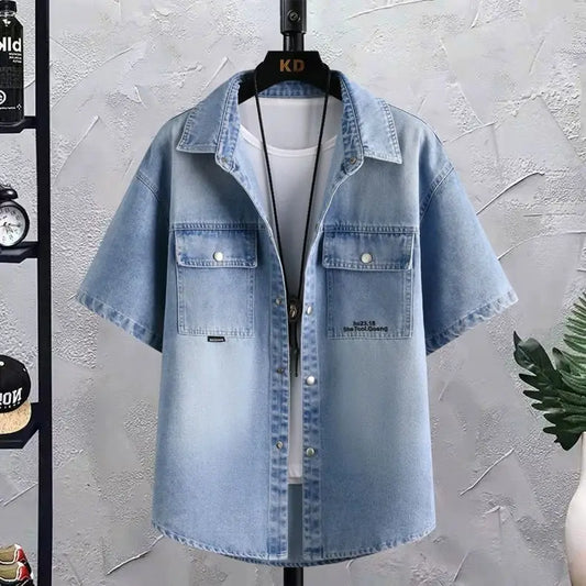 Summer 2025 Men Clothing Denim Short Sleeve Shirt Men's Retro Thin Light Blue Casual Top Student Half Sleeve Shirt with Pocket