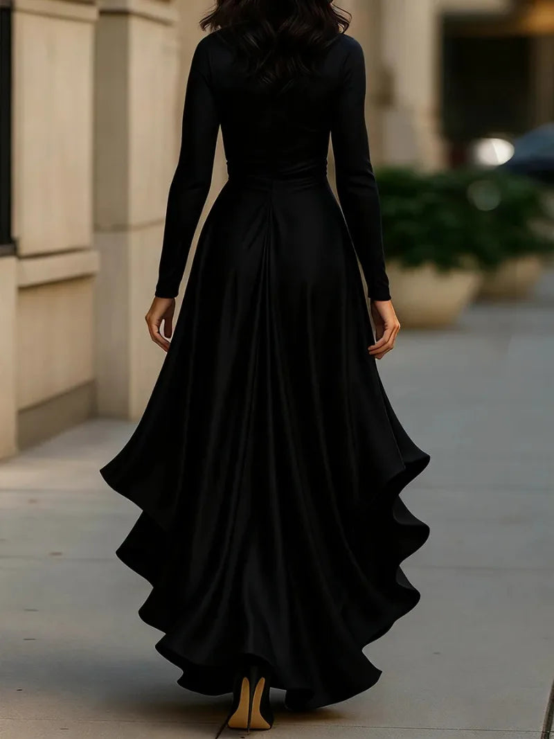 Annual Meeting Long-Sleeved Women V-Neck Dress Satin Ruffle Dress Elegant Evening Gown Mermaid Skirt for Banquets