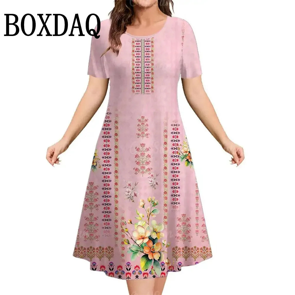 Summer Short Sleeve Clothing Colorful Print Women's Dresses 2025 Casual Fashion Plus Size Loose Pullover Elegant Dress For Woman
