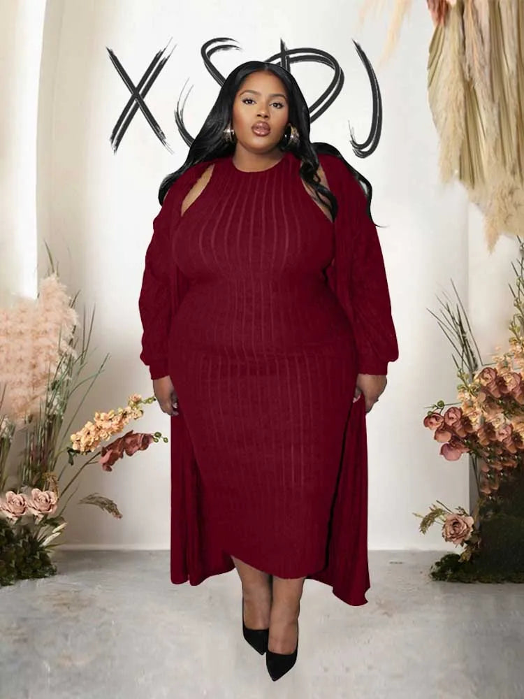 4x Plus Size Women Clothing Sets Autumn Long Cardigan Dress Suit Chic and Elegant Knitted Dress Suit Wholesale Dropshipping