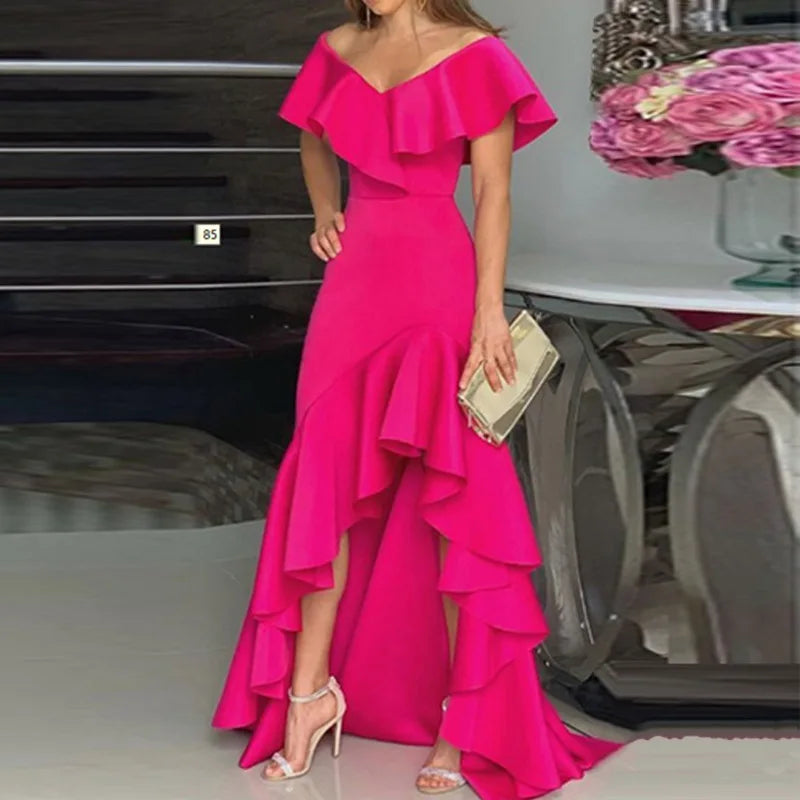Summer Women Elegant Evening Long Dress 2025 Fashion Elegant V Neck Slim Wrap Hip Solid Color Party Prom Ruffle Sleeves Vestidos