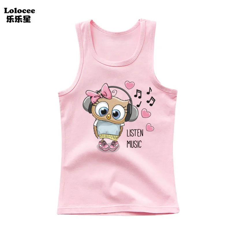 Girls Sleeveless Vest 2025 Summer New Sports Undershirt Cute Owl Print Cotton Tank Top for Kids 3-14 Years