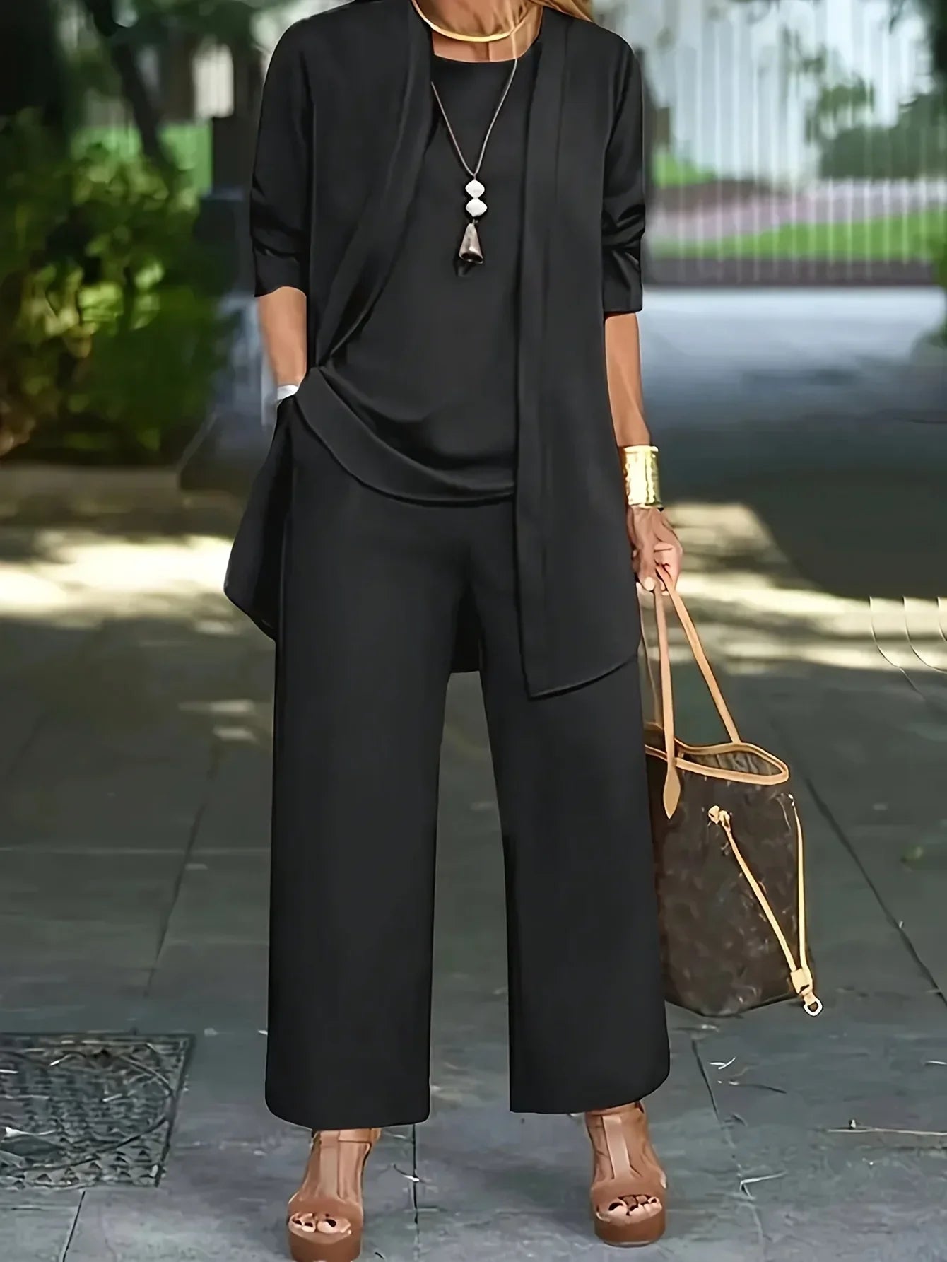 Women's Fashion Plus Size 1XL-5XL Three-Piece Outfit Set Ladies Casual Long Sleeve Cardigan Tank Top and Long Pants Outfits