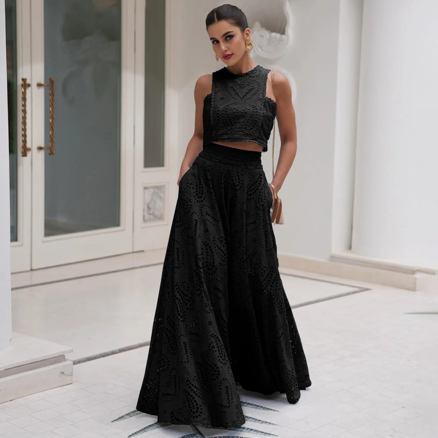 Women's Summer 2 Piece Outfits Tank Crop Tops Long Skirt Set Sleeveless Maxi Dress with Pocket Nightclub Party Dress