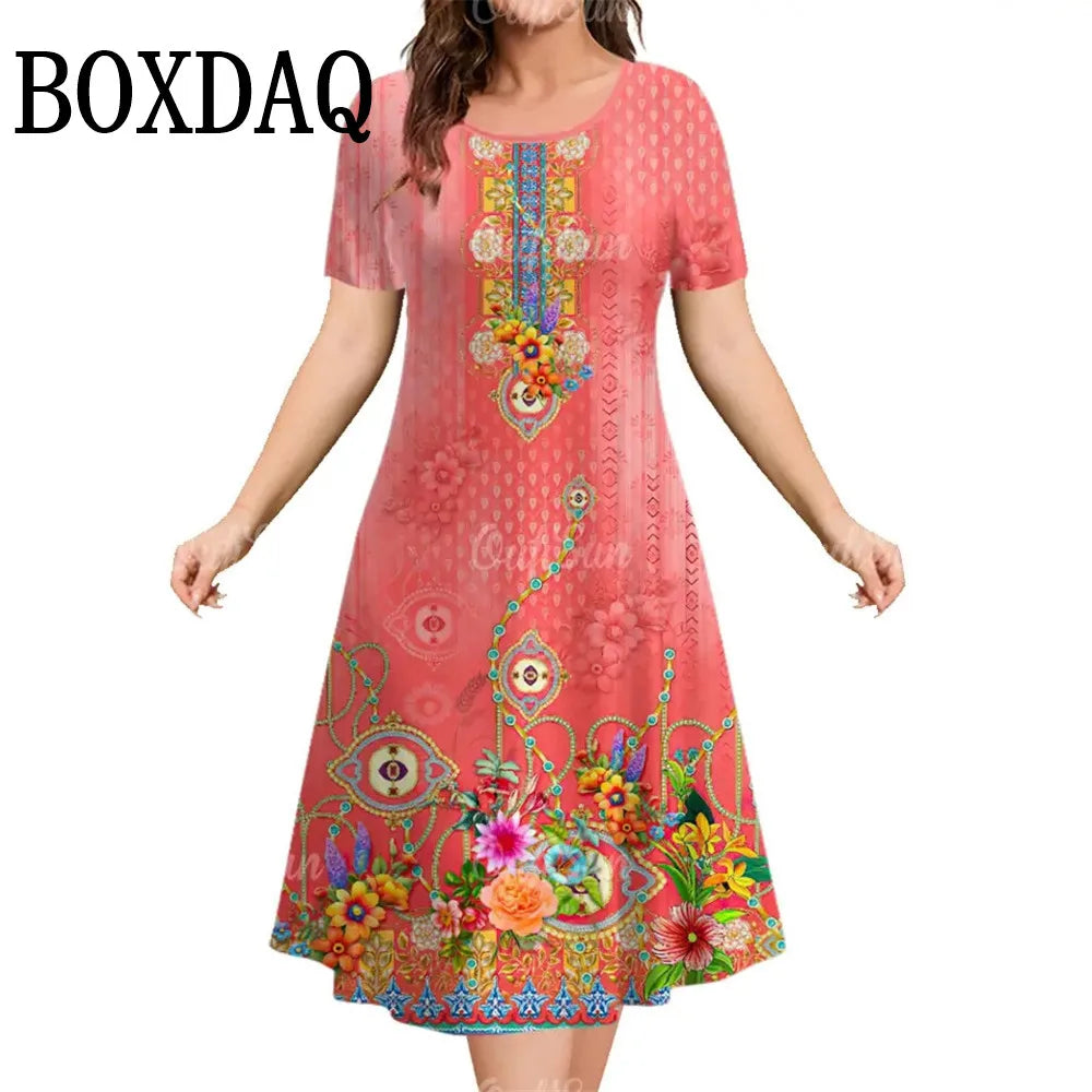Summer Short Sleeve Clothing Colorful Print Women's Dresses 2025 Casual Fashion Plus Size Loose Pullover Elegant Dress For Woman