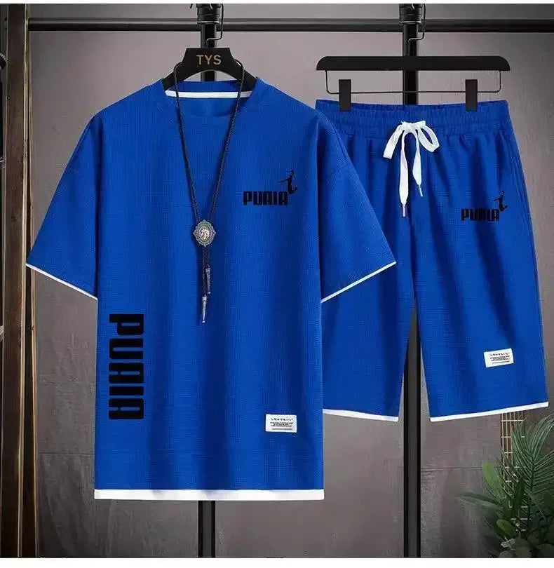 2026 new men's summer clothing, quick drying, breathable, elastic, short sleeves + short pants, two-piece set, a combination of