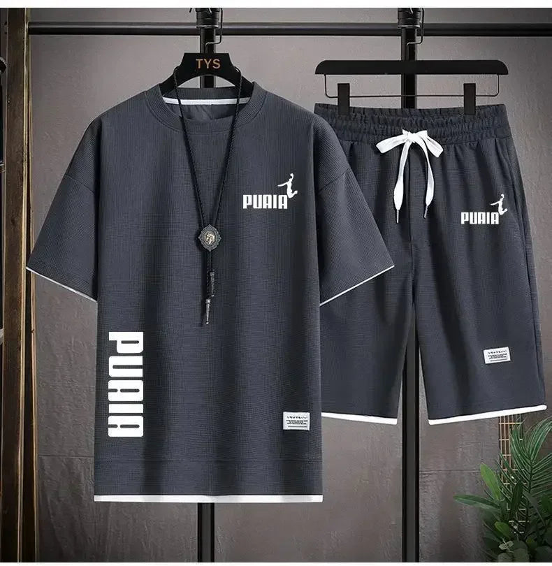 2026 new men's summer clothing, quick drying, breathable, elastic, short sleeves + short pants, two-piece set, a combination of