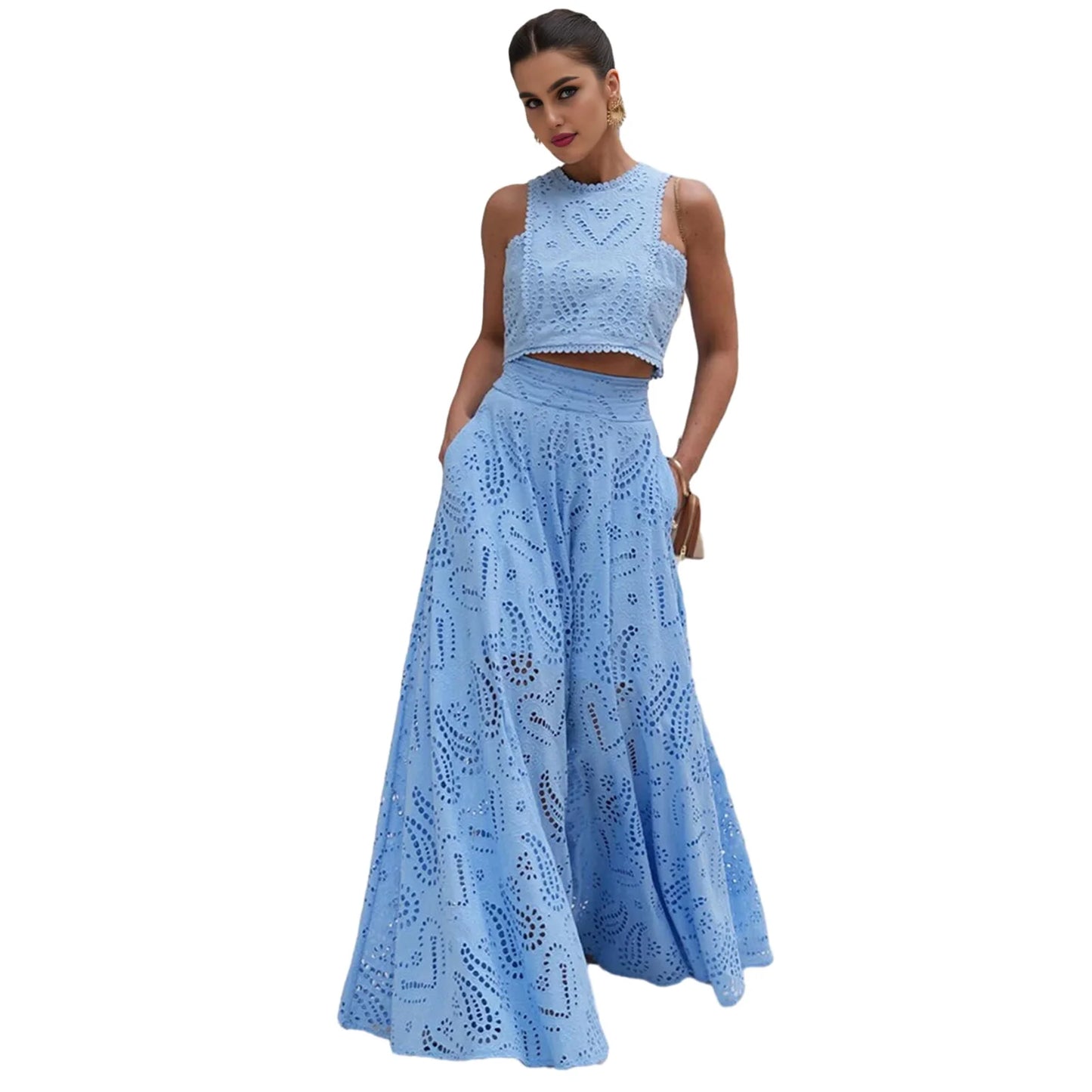 Women's Summer 2 Piece Outfits Tank Crop Tops Long Skirt Set Sleeveless Maxi Dress with Pocket Nightclub Party Dress