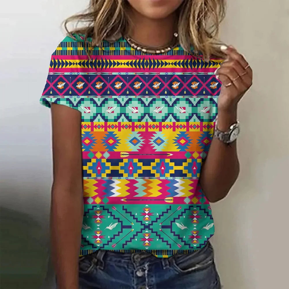 Summer Women Clothing T-shirt Crewneck Top Casual Comfort Short Sleeve Vintage Print Loose Breathable Clothing Women's T-shirt