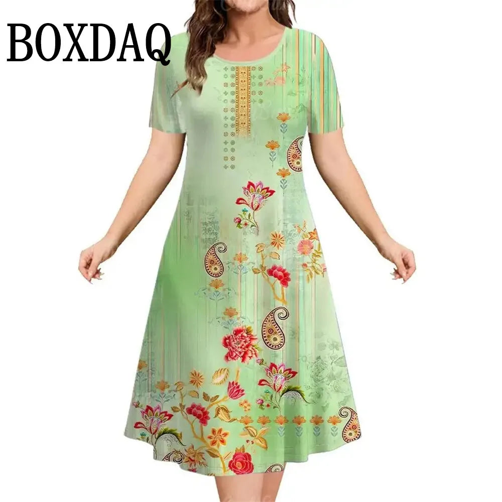 Summer Short Sleeve Clothing Colorful Print Women's Dresses 2025 Casual Fashion Plus Size Loose Pullover Elegant Dress For Woman