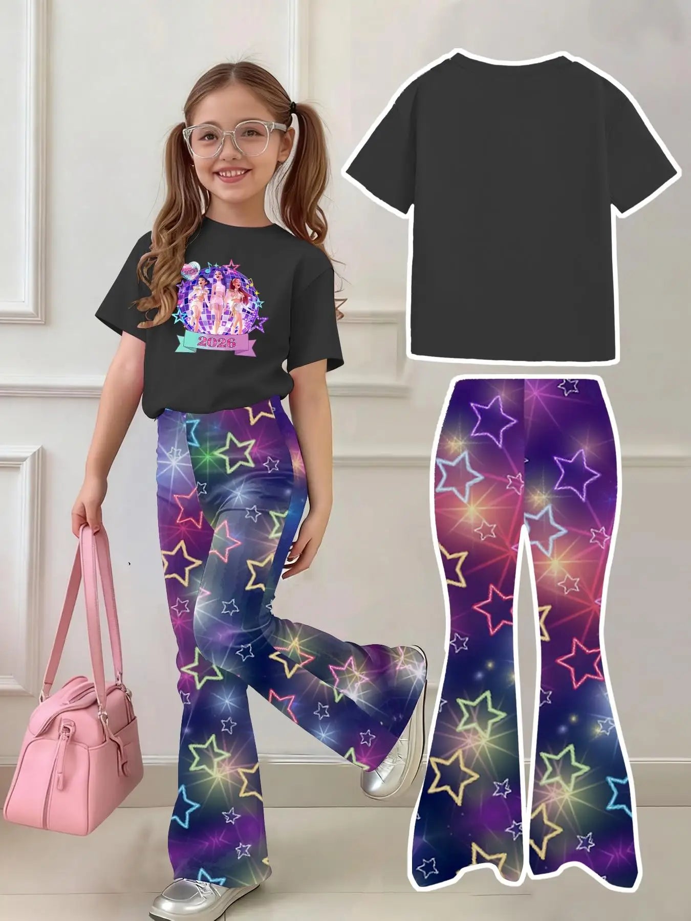 Girls 2-Piece 2026 Concert Outfit – Black Graphic T-Shirt & Neon Star Print Flared Pants Set for Kids