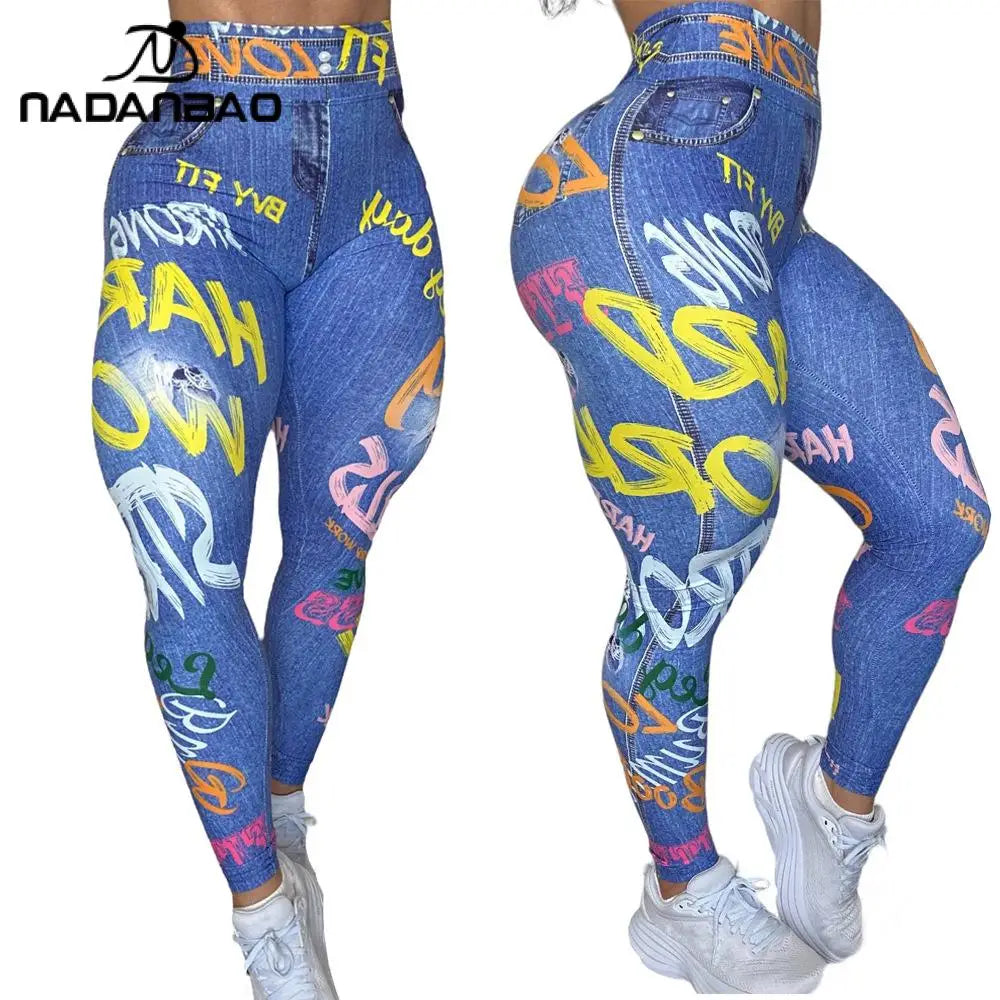 Women Semales Slim Legging Imitation Denim Printed High Waist Yoga Pants with Sexy Alphabet Lifting Hip Underpants