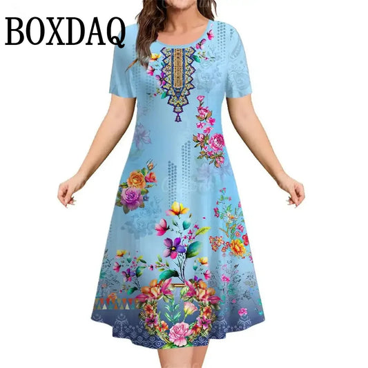 Summer Short Sleeve Clothing Colorful Print Women's Dresses 2025 Casual Fashion Plus Size Loose Pullover Elegant Dress For Woman