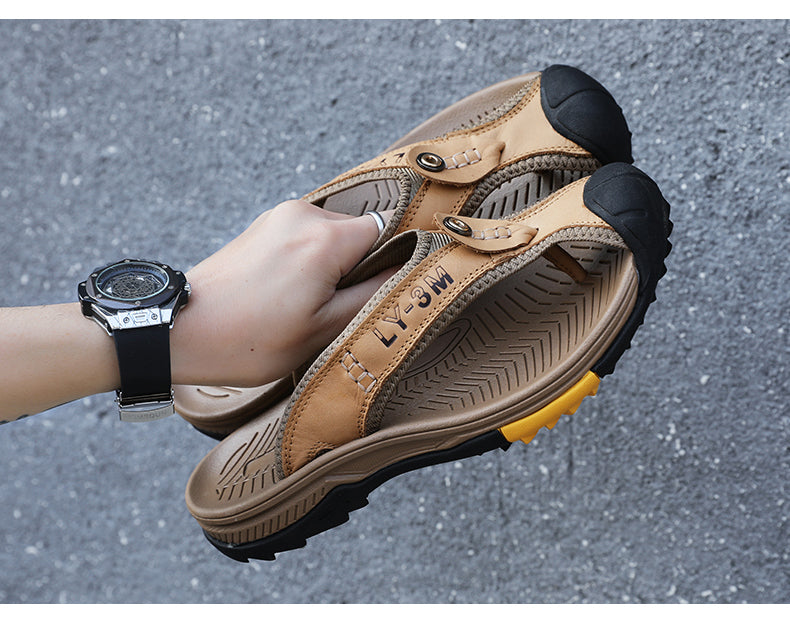 Genuine Cow Leather Shoes Men Sandals Mens Flip Flops Men's Casual Shoes Classic Massage Beach Slippers Anti-slip Summer 2021