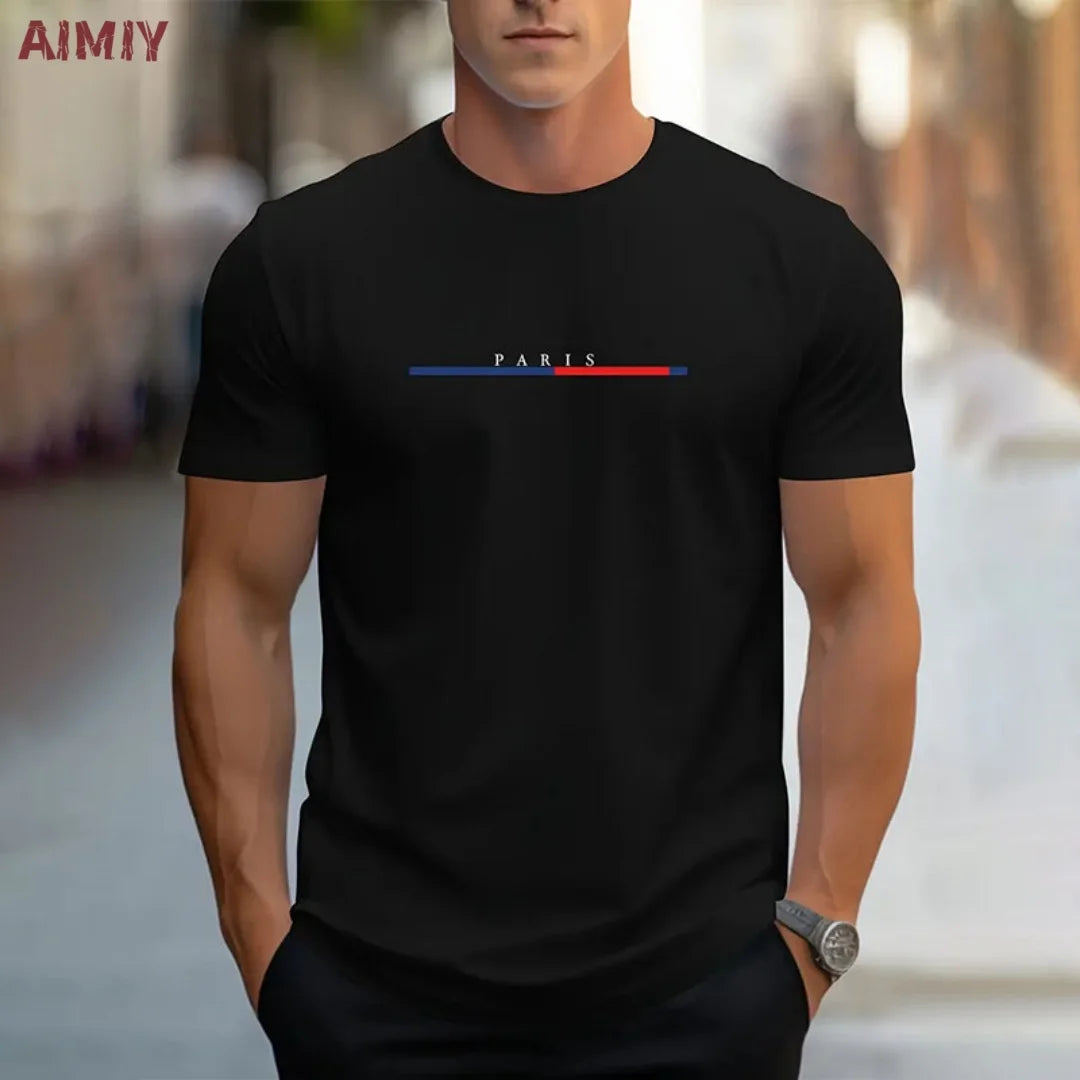 Summer Men's T-shirt Top Casual Loose Fit Oversized T-shirt PARI Letter Pattern Printed Round Neck Short Sleeved Homme Vêtement