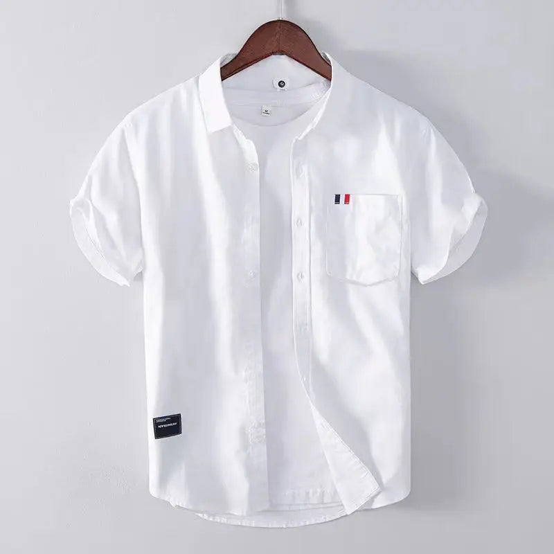 Men Clothing Summer Vintage Simple Appliques Lapel Button Down Shirt Trendy Casual Short Sleeve Slim Comfortable All Match Tops