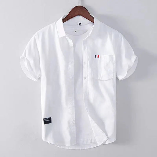 Men Clothing Summer Vintage Simple Appliques Lapel Button Down Shirt Trendy Casual Short Sleeve Slim Comfortable All Match Tops