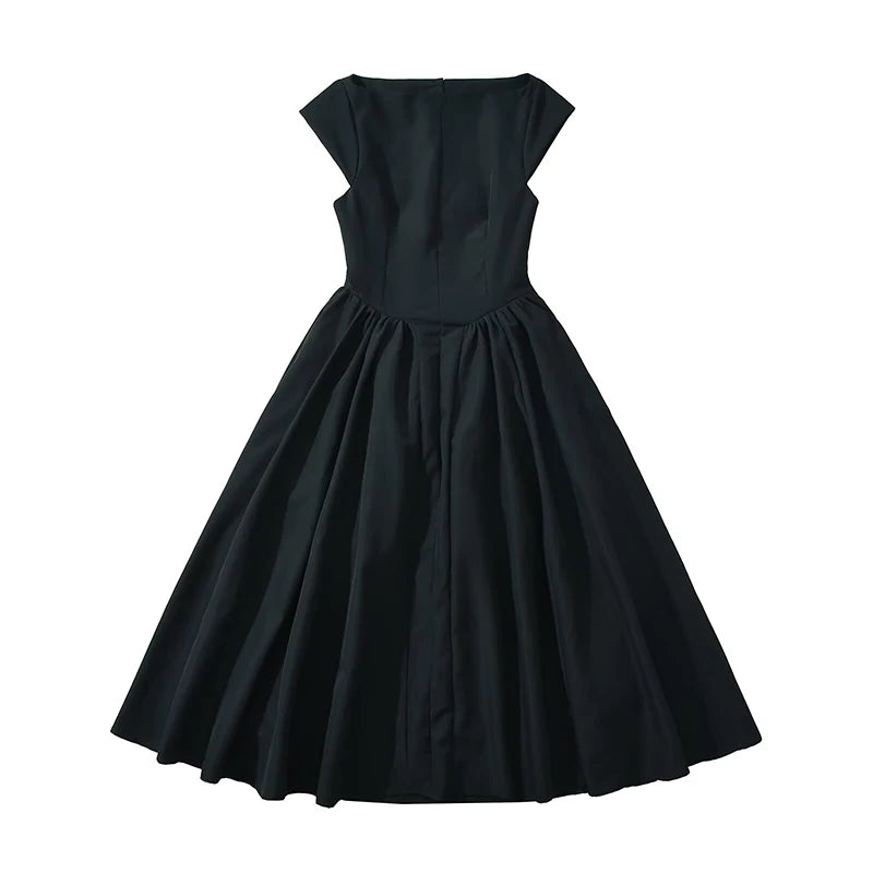 YENKYE High Street Women Sexy Backless Pleated Swing A-line Midi Dresses Short Sleeve Low Waist Elegant Party Dress Black Robe