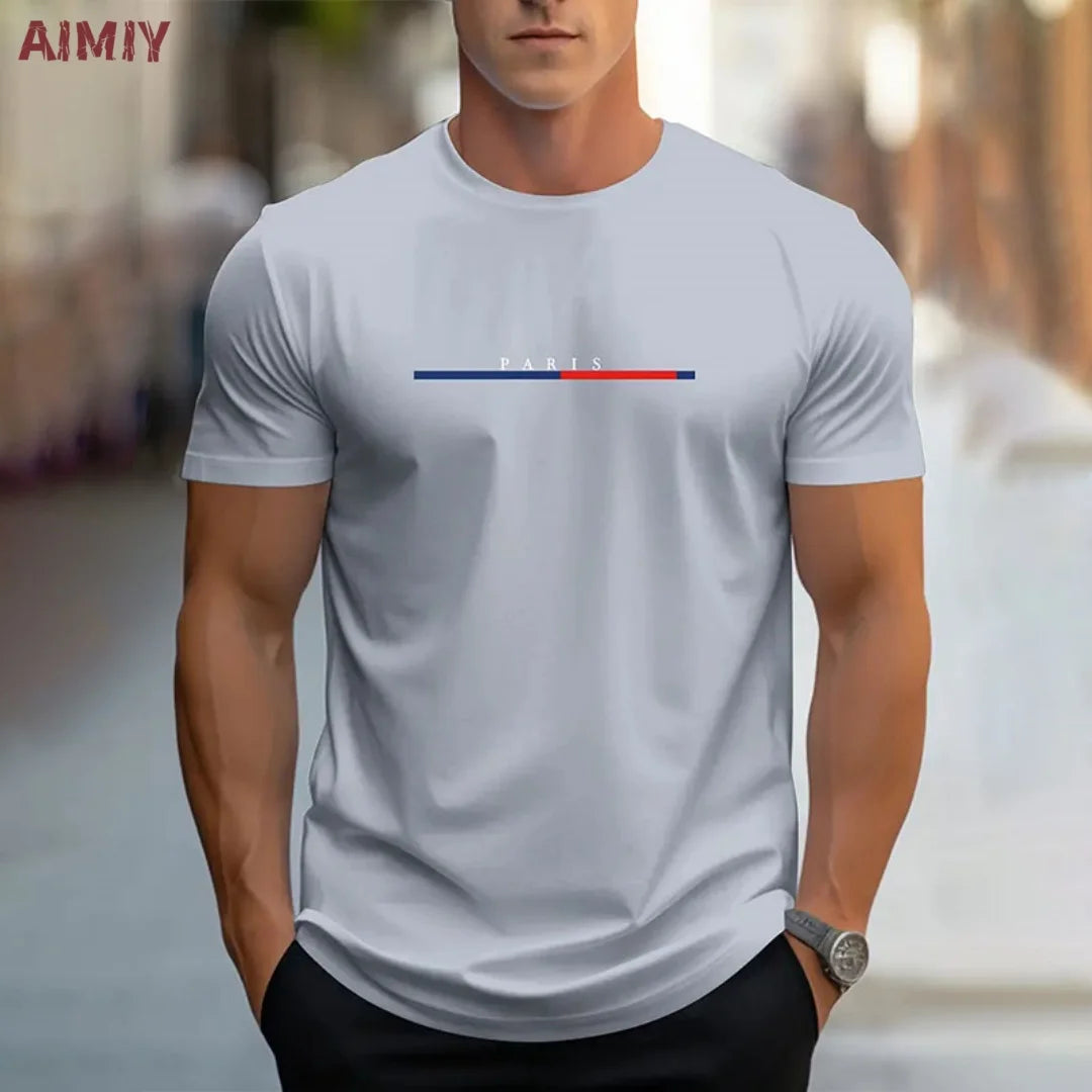 Summer Men's T-shirt Top Casual Loose Fit Oversized T-shirt PARI Letter Pattern Printed Round Neck Short Sleeved Homme Vêtement