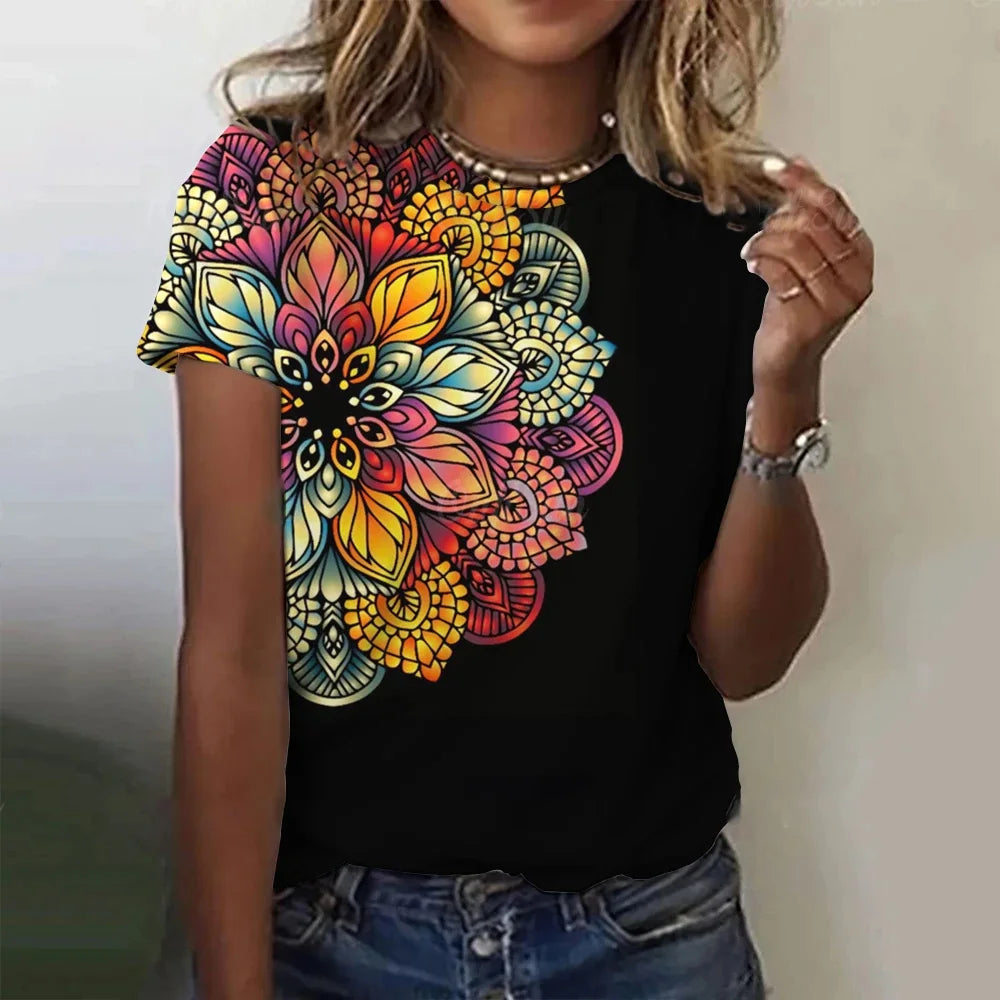 Summer Women Clothing T-shirt Crewneck Top Casual Comfort Short Sleeve Vintage Print Loose Breathable Clothing Women's T-shirt