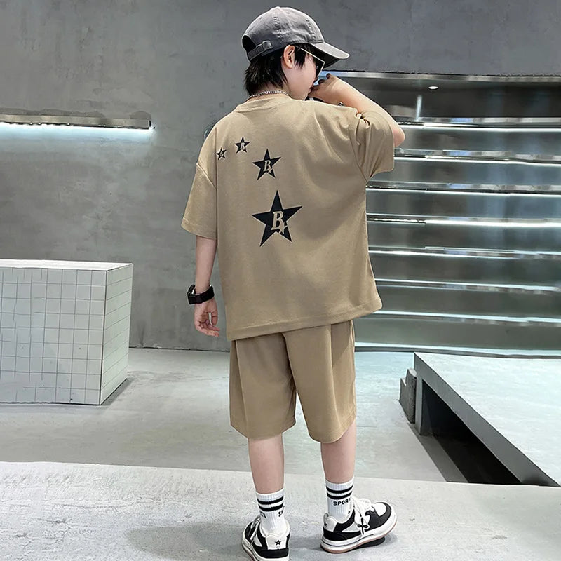 New Summer Teenager Boys Clothing Set Cotton Letter Short Sleeve T-shirt Shorts 2Pcs For 4-14 Years Kids Tracksuits Child Cloth