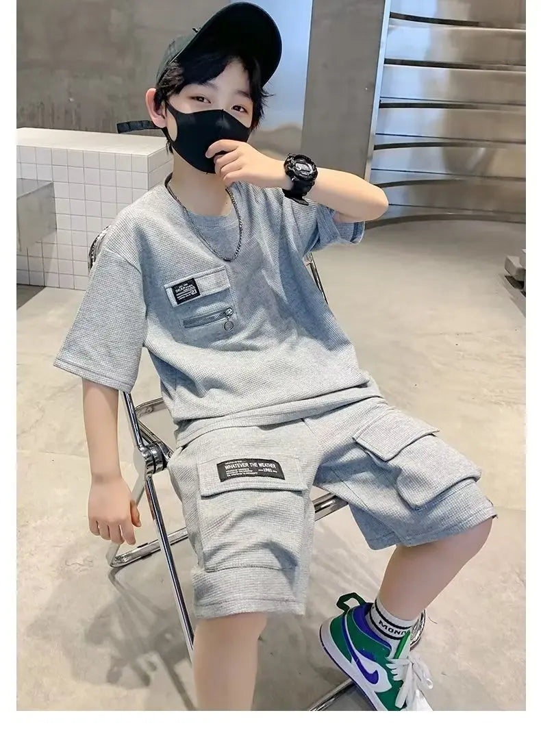 Summer Kids Boys T-Shirt+Shorts 2-Piece Set Letter Printing Children Teen Loose Comfortable Sports Casual Clothes 4-14 Years Old