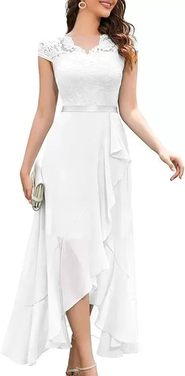 Women Evening Party Dress Summer Elegant Fashion Sleeveless Lace Spliced Chiffon Ruffled Irregular Hem Cocktail Long Dresses