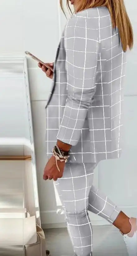 Office Two Piece Set for Women Shawl Collar Long Sleeve Daily Work Medium Stretch Plaid Print Blazer & Drawstring Ol Pants Set