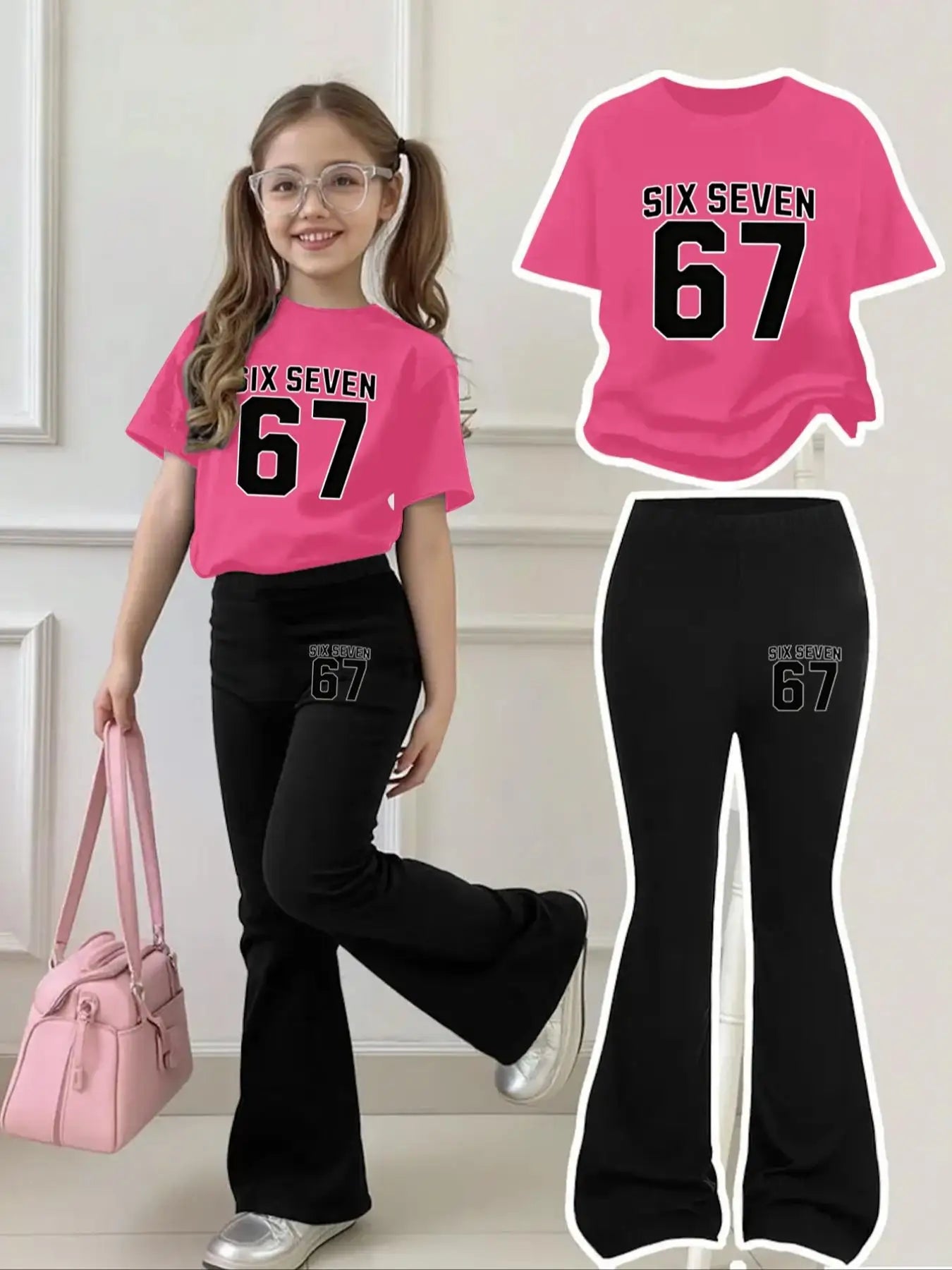 Children's Clothing Girls' Short-Sleeved Set for Ages 4-12, Sweet and Cool Pink and Black, 67 Letter and Number Short-Sleeved Bell-Bottom Pants Set, Both Pants and Short-Sleeved Shirts Have 67 Six Seven Print