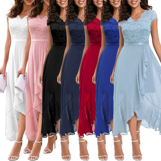 Women Evening Party Dress Summer Elegant Fashion Sleeveless Lace Spliced Chiffon Ruffled Irregular Hem Cocktail Long Dresses