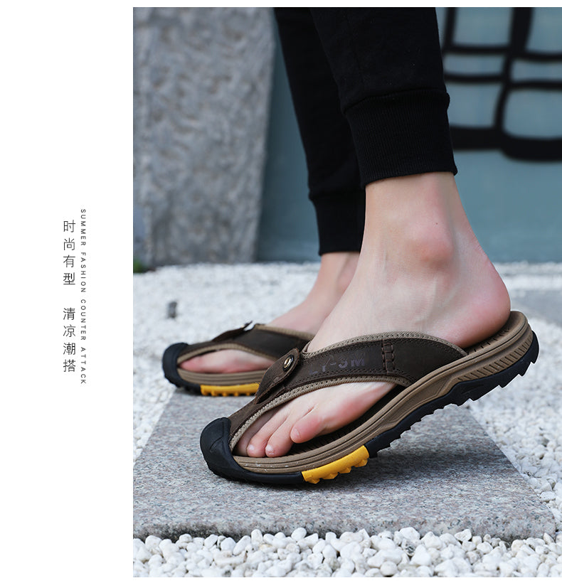 Genuine Cow Leather Shoes Men Sandals Mens Flip Flops Men's Casual Shoes Classic Massage Beach Slippers Anti-slip Summer 2021