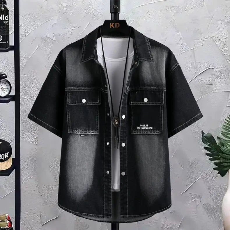 Summer 2025 Men Clothing Denim Short Sleeve Shirt Men's Retro Thin Light Blue Casual Top Student Half Sleeve Shirt with Pocket
