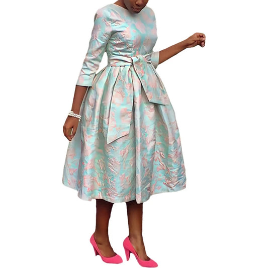 Women Print Midi Dress Cinched Waist Lace Up Splice Round Neck Dresses Casual A Line Elegant Vestidos Party Spring 2025
