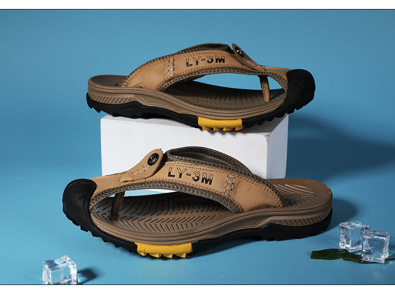 Genuine Cow Leather Shoes Men Sandals Mens Flip Flops Men's Casual Shoes Classic Massage Beach Slippers Anti-slip Summer 2021