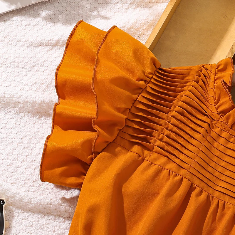Kids Dress For Girls Brown Ruched Neckline Tiered Wing-Sleeve Belted Ruffled Dress 8-12 Years Summer Birthday Party Baptism Gown