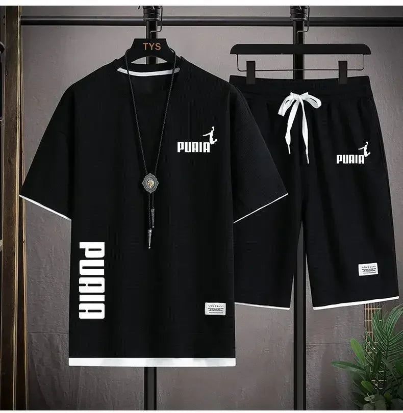2026 new men's summer clothing, quick drying, breathable, elastic, short sleeves + short pants, two-piece set, a combination of