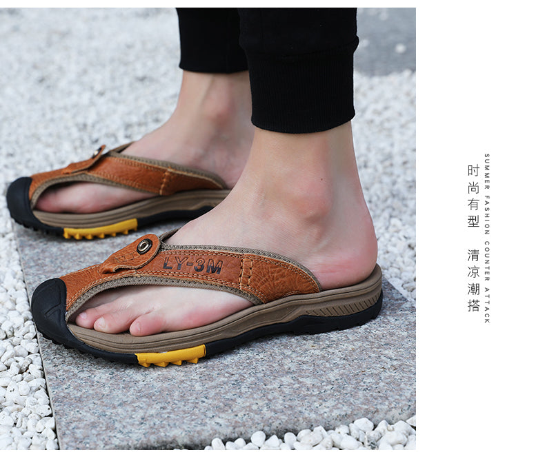 Genuine Cow Leather Shoes Men Sandals Mens Flip Flops Men's Casual Shoes Classic Massage Beach Slippers Anti-slip Summer 2021