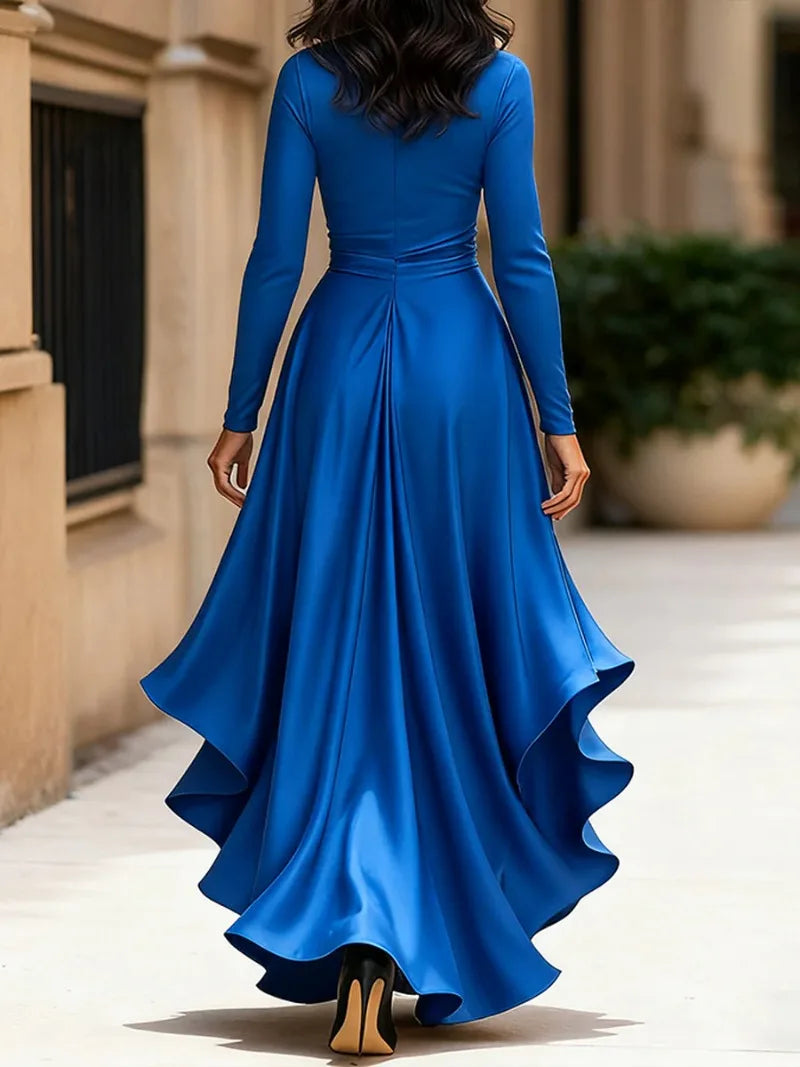 Annual Meeting Long-Sleeved Women V-Neck Dress Satin Ruffle Dress Elegant Evening Gown Mermaid Skirt for Banquets