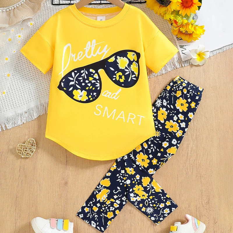 Summer Girls Clothing Sets 2024 New Cotton Fashion Short Sleeve T-shirt + Long Pants 2Pcs Suit for Kids Clothes 4 5 6 7 Years