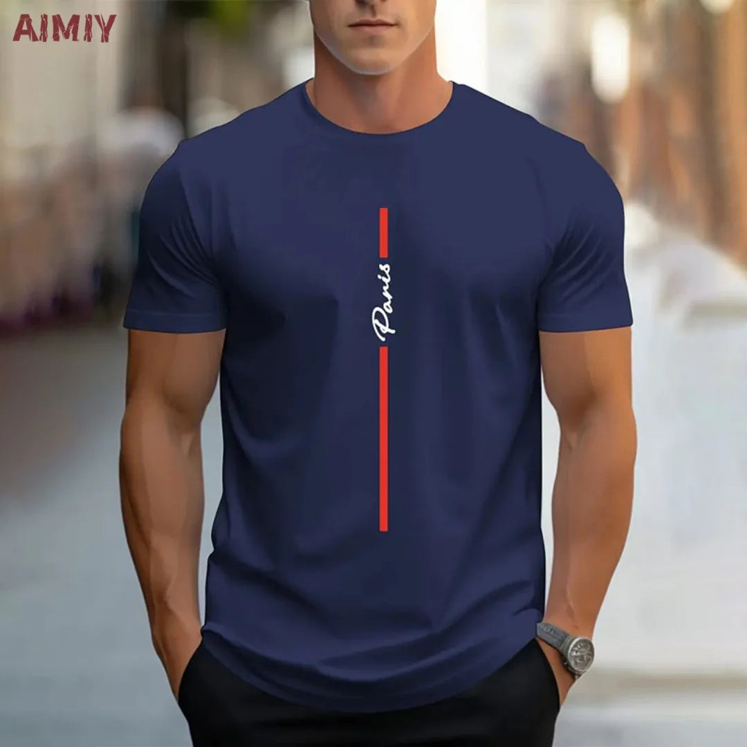 Summer Men's T-shirt Top Casual Loose Fit Oversized T-shirt PARI Letter Pattern Printed Round Neck Short Sleeved Homme Vêtement