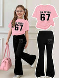 Children's Clothing Girls' Short-Sleeved Set for Ages 4-12, Sweet and Cool Pink and Black, 67 Letter and Number Short-Sleeved Bell-Bottom Pants Set, Both Pants and Short-Sleeved Shirts Have 67 Six Seven Print