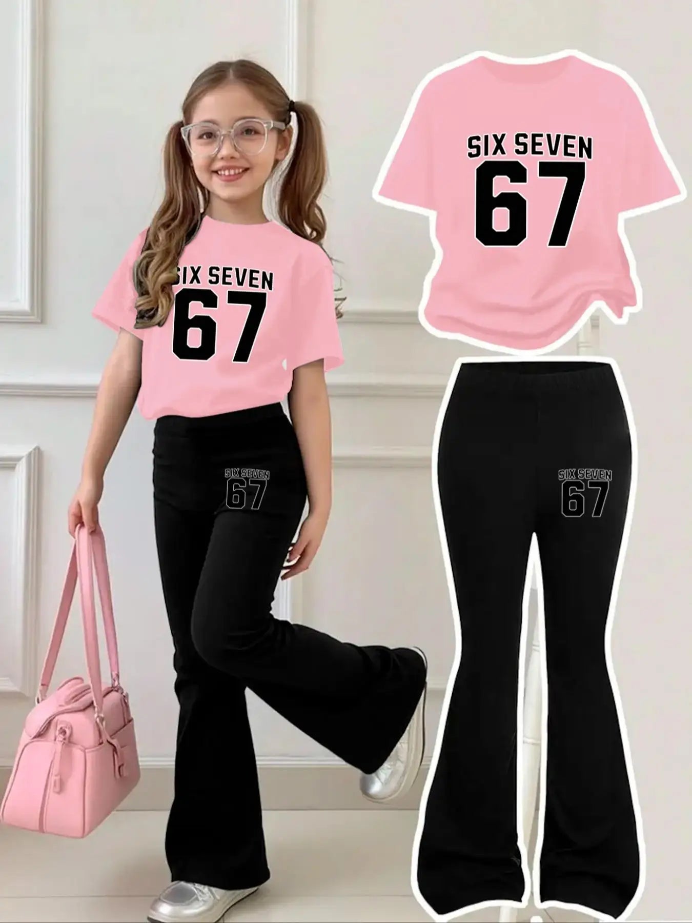 Children's Clothing Girls' Short-Sleeved Set for Ages 4-12, Sweet and Cool Pink and Black, 67 Letter and Number Short-Sleeved Bell-Bottom Pants Set, Both Pants and Short-Sleeved Shirts Have 67 Six Seven Print