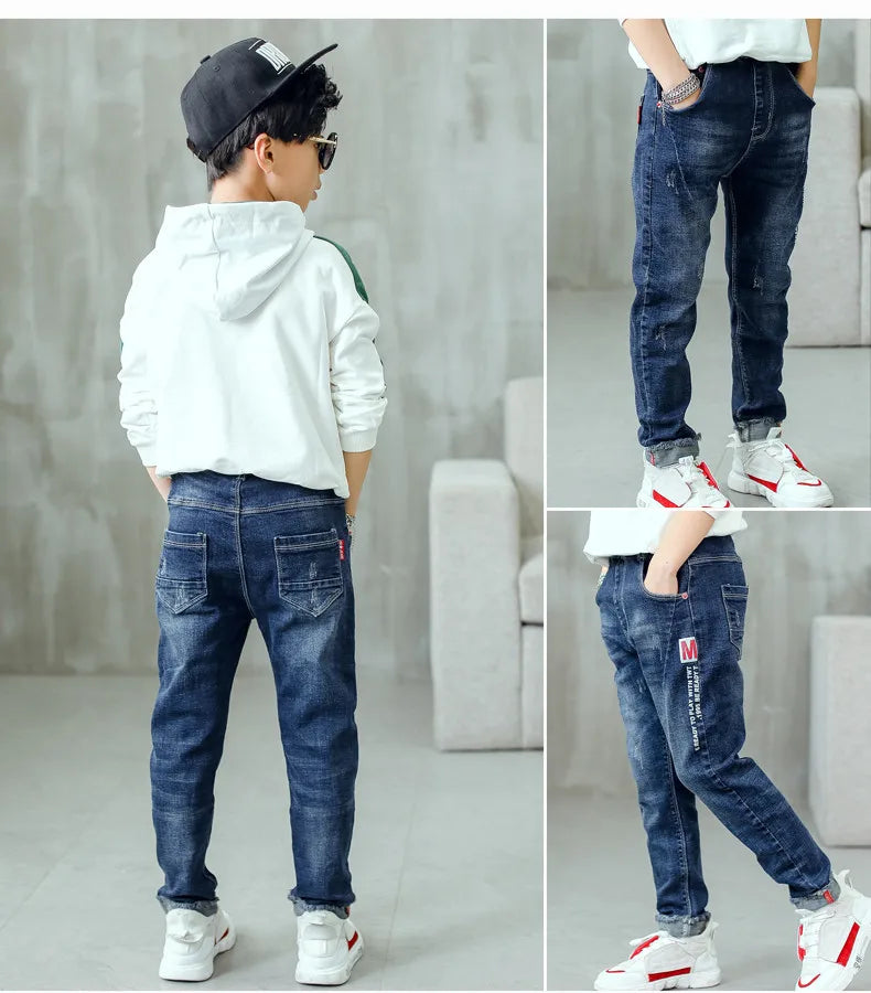 New Spring Autumn Boys Jeans Letter M Slim Fit Style Casual Long Trousers For Kids Handsome Children Birthday Present