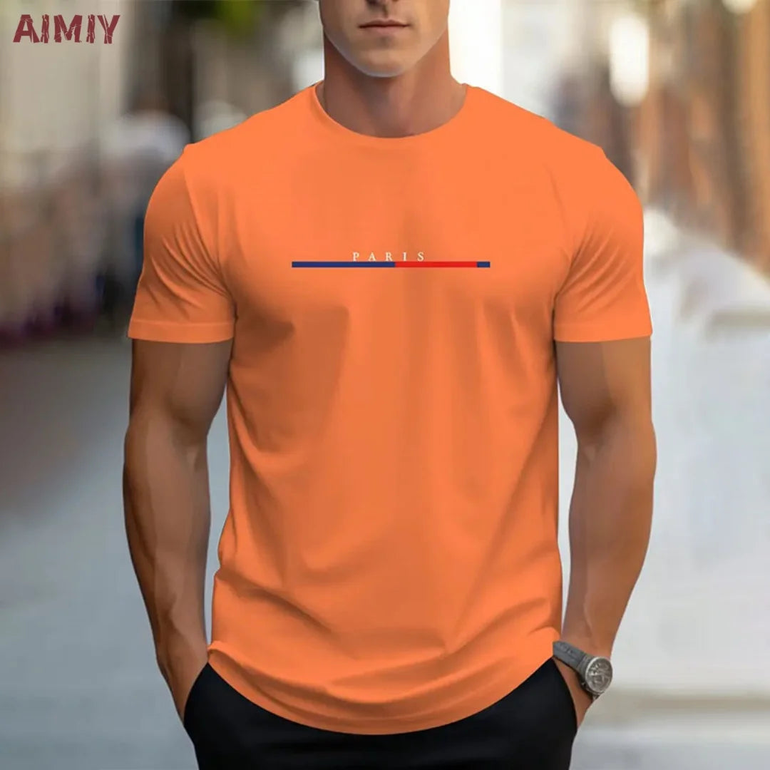 Summer Men's T-shirt Top Casual Loose Fit Oversized T-shirt PARI Letter Pattern Printed Round Neck Short Sleeved Homme Vêtement