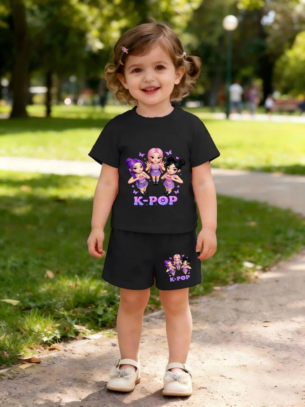 Summer Suit for Girl Fashion K-Pop Cartoon Girl Print Kids Set Outdoor Casual Streetwear Short Sleeves Teen Girl Clothes Suit