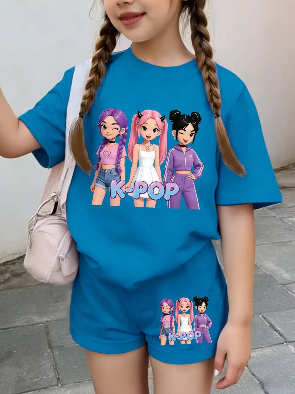 Summer Suit for Girl Fashion K-Pop Cartoon Girl Print Kids Set Outdoor Casual Streetwear Short Sleeves Teen Girl Clothes Suit