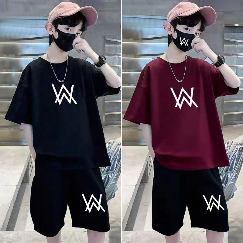 Summer Teenager Boys Clothing Set Cotton Letter Short Sleeve T-shirt Shorts 2Pc For 4-14Years Kids Fashion Outfits Children Suit