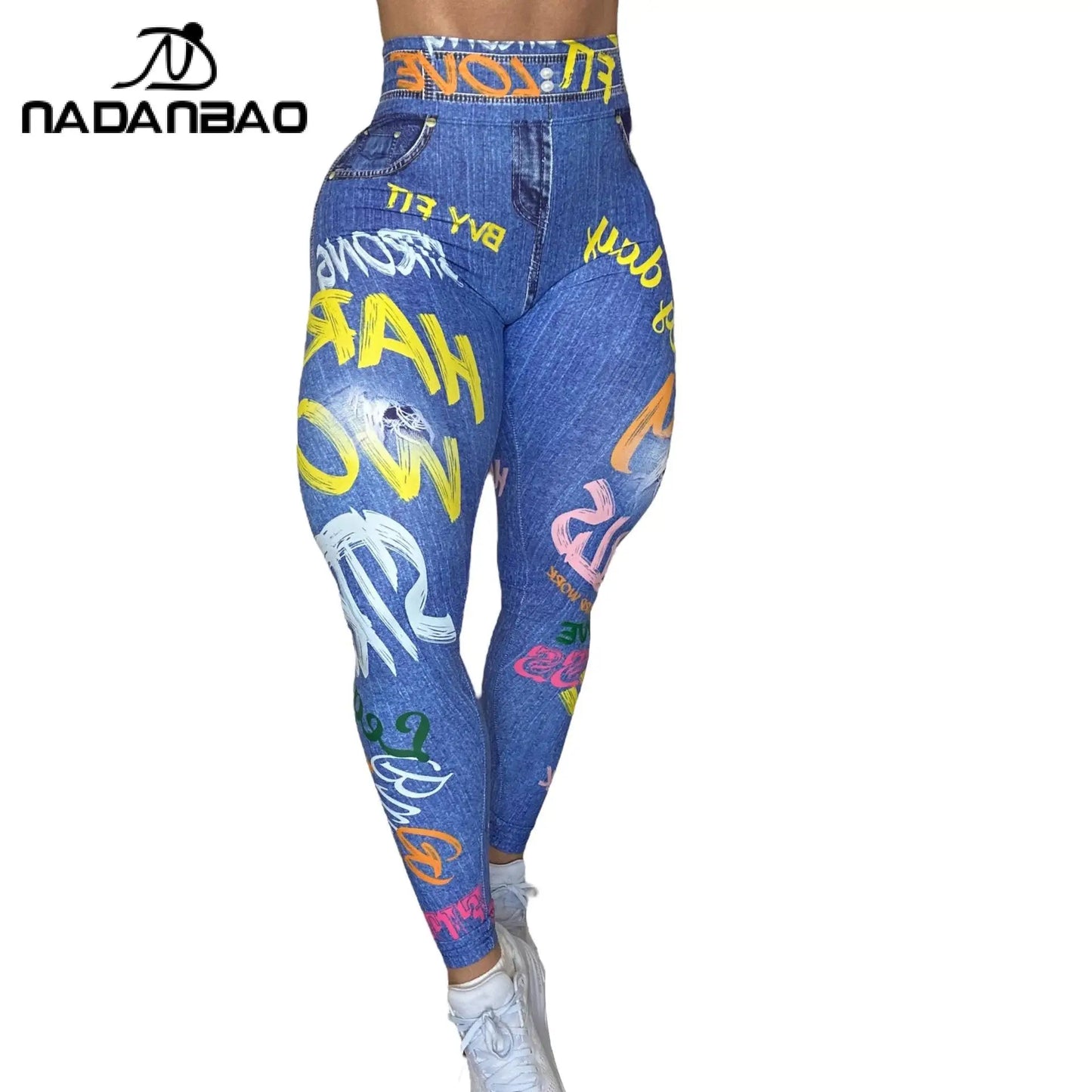 Women Semales Slim Legging Imitation Denim Printed High Waist Yoga Pants with Sexy Alphabet Lifting Hip Underpants